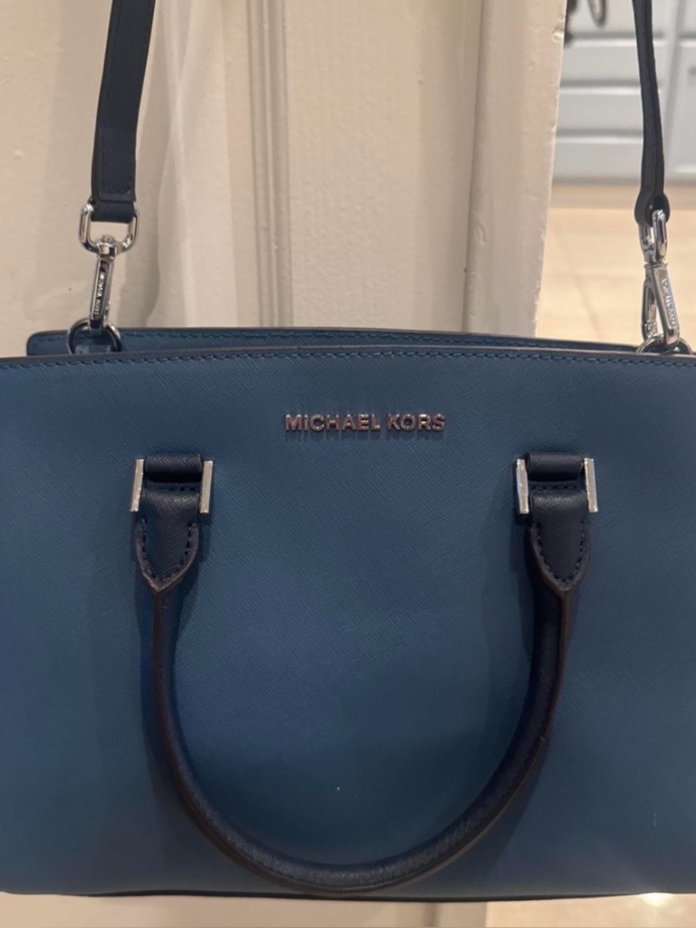 Michael Kors Navy Blue W Light Blue Leather Selma Satchel Bag W Crossbody Strap